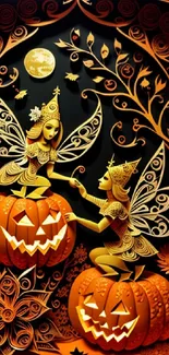 Halloween-themed wallpaper with fairies on pumpkins.