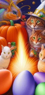 Colorful Halloween scene with animals and pumpkins.