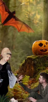 Mystical Halloween forest wallpaper with carved pumpkin and bat.