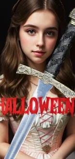 Young girl in medieval dress holding a sword with Halloween text.