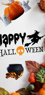 Festive Halloween wallpaper with pumpkins, ghosts, and a witch silhouette.