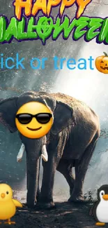 Halloween forest scene with an elephant and emojis.