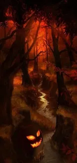 Spooky Halloween forest with glowing pumpkin in dark woods.