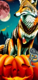 Colorful Halloween wallpaper with a fox, pumpkins, and a mystical night sky.