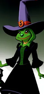 Cartoon frog witch in black dress, mystical theme.