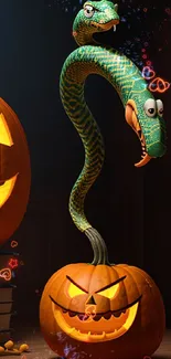 Halloween wallpaper with carved pumpkin and cartoon snake