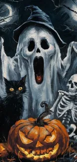 Spooky Halloween scene with ghost, pumpkin, black cat, and skeleton.