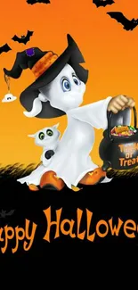 Cute ghost in witch hat Halloween wallpaper.