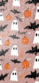 Halloween wallpaper with ghosts, bats, and pumpkins on brown background.