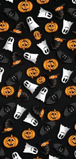 Halloween mobile wallpaper with ghosts, pumpkins, bats on a black background.