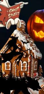 Spooky gingerbread house with Halloween symbols.