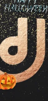 DJ logo with glitter and Halloween pumpkin on a dark background.