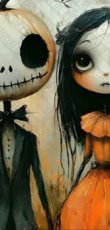 Spooky Halloween couple with pumpkin head and eerie black dress illustration.