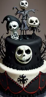 Gothic Halloween cake with skeleton figures and intricate design elements.