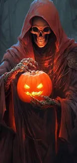 Eerie Grim Reaper with glowing pumpkin in a dark forest.