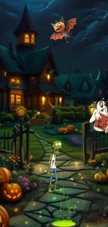 Spooky Halloween scene with haunted house and animated characters.