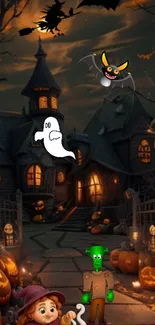 Haunted house with pumpkins and ghosts on Halloween night.