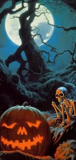 Spooky Halloween wallpaper with pumpkin and skeleton under moonlight.