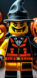 LEGO vampire figure with pumpkins in Halloween setting.