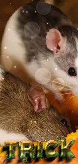 Cute mice exploring a pumpkin in a Halloween-themed mobile wallpaper.