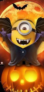 Halloween Minion with vampire cape on pumpkin background.