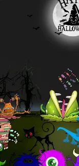 Colorful monsters gather under a Halloween moon.