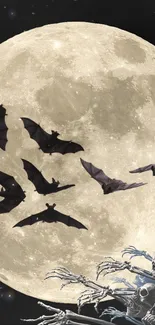 Halloween wallpaper with bats and skeleton under a full moon.