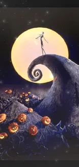 Halloween scene with moon, pumpkins, twisted hill in dark theme.