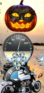 Motorcycle and Halloween pumpkin art with vibrant sunset and speedometer.