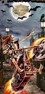 Skeleton rides fiery motorcycle amidst a spooky Halloween scene.