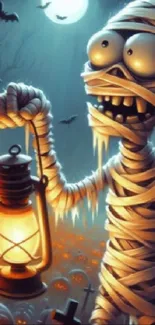 Whimsical mummy holding lantern at night.