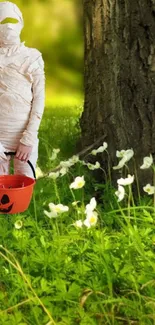 Mummy with pumpkin bucket in a bright, green forest setting, perfect for Halloween.