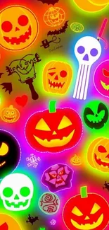 Neon Halloween pumpkins and skulls wallpaper.
