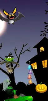 Halloween cartoon wallpaper with bat, haunted house, and pumpkin.