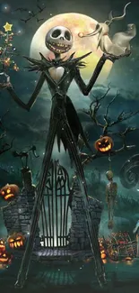 Skeletal figure with pumpkins under a full moon in a Halloween-themed scene.