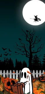 Spooky Halloween night wallpaper with ghost, pumpkins, and full moon.