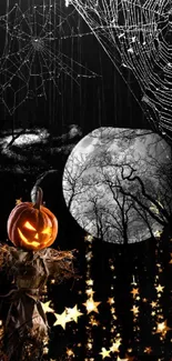 Halloween night wallpaper with stars, moon, and pumpkin scarecrow.