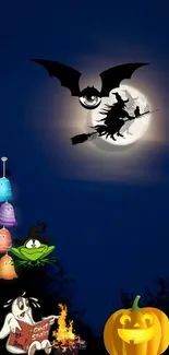 Halloween wallpaper with witch and full moon in deep blue night.