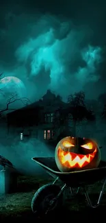 Spooky Halloween wallpaper with a glowing Jack-o'-lantern and eerie mist.