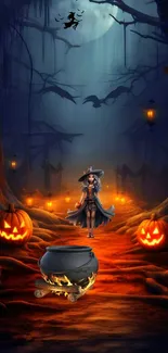 Enchanting Halloween wallpaper with witch, pumpkins, and glowing lanterns in dark forest.