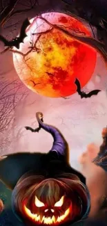 Halloween wallpaper with pumpkin, bats, and crimson moonlight.