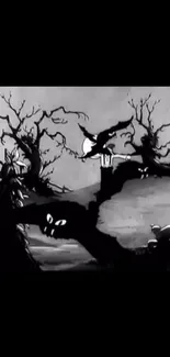 Eerie Halloween night scene with dark trees and spooky elements.