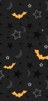 Halloween mobile wallpaper with bats, stars, and moons on a dark background.