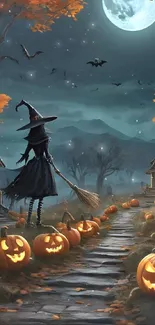 Spooky Halloween night scene with witch and glowing pumpkins under a full moon.