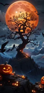 Halloween night with full moon, tree, and pumpkins.
