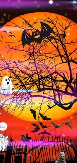 Spooky Halloween wallpaper with orange moon and ghostly figures.