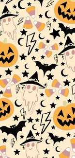 Festive Halloween pattern wallpaper with pumpkins, ghosts, and stars.