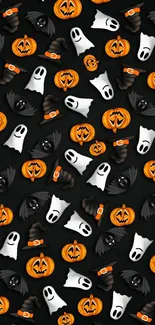 Spooky Halloween mobile wallpaper with pumpkins, ghosts, bats, and witch hats.