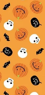 Cute Halloween pattern with pumpkins, ghosts, and bats.