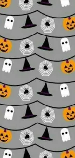 Halloween mobile wallpaper with pumpkins, ghosts, webs, and witch hats on gray.